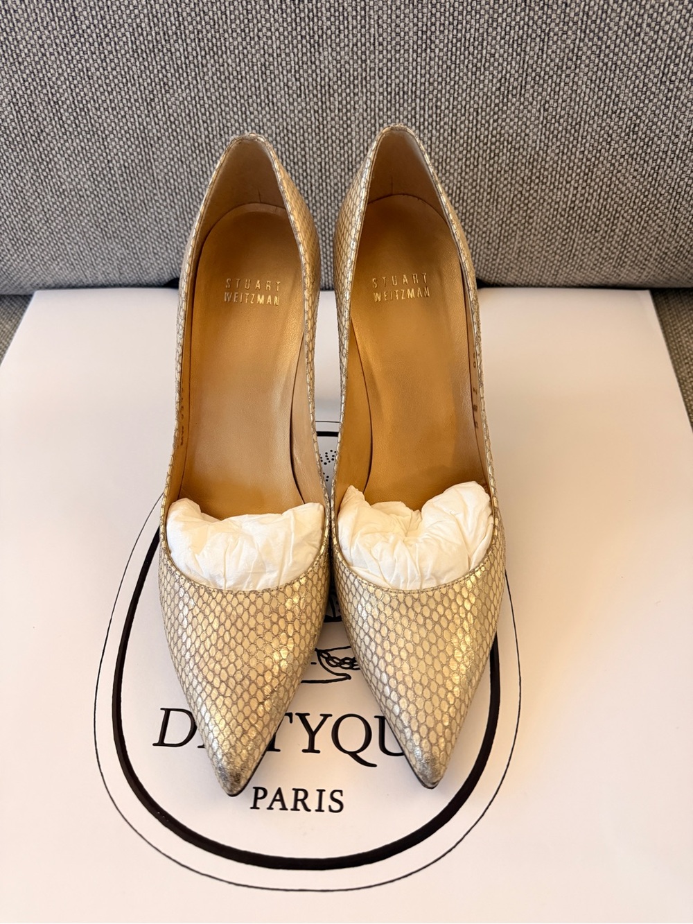 Stuart Weitzman Metallic Gold Snake-Embossed Pointed Toe Pumps